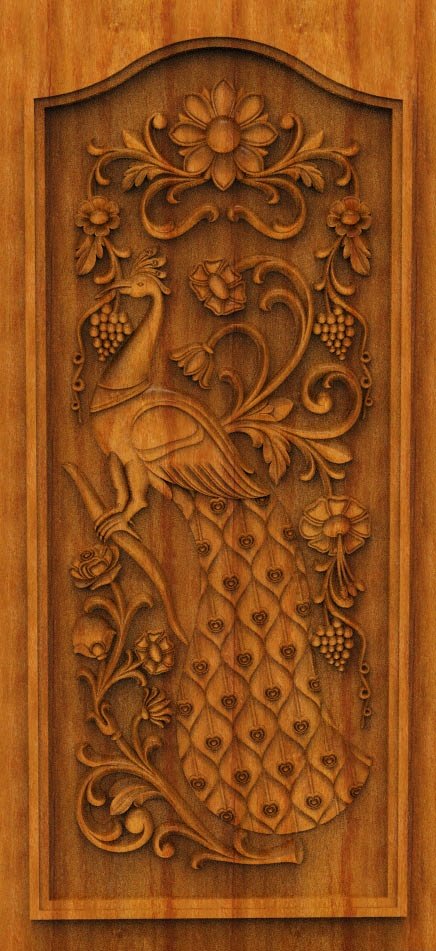 3D DOOR - OAK-09 Elegant Peacock Motif Traditional Wood Carving Design